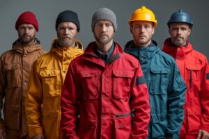 Fem män i olikfärgade jackor